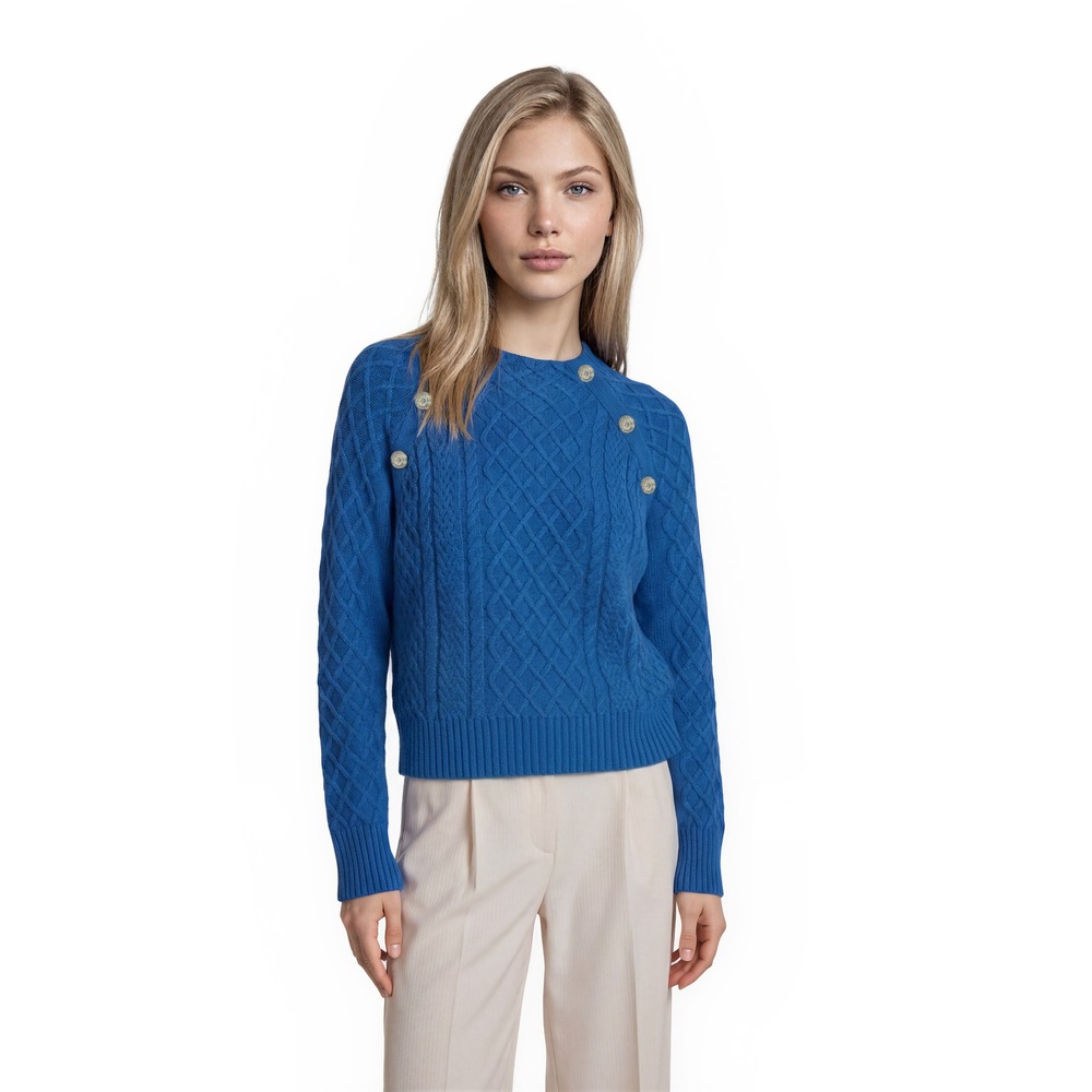 Talbots Sweater Women's Size Large Blue Cable Knit Rhinestone Crystal Mock Neck